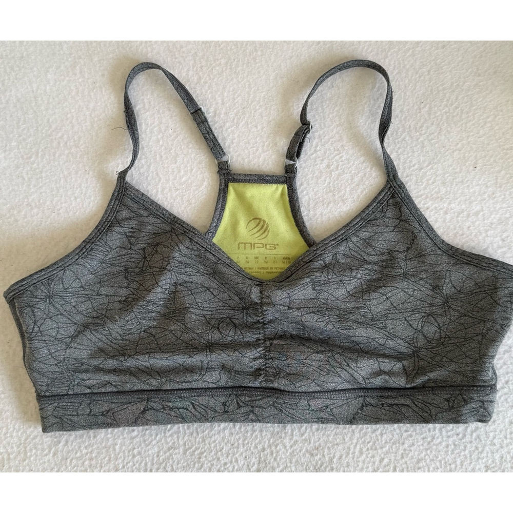 Women's MPG Sports Bra Size S Gray print adjustable straps ruched front